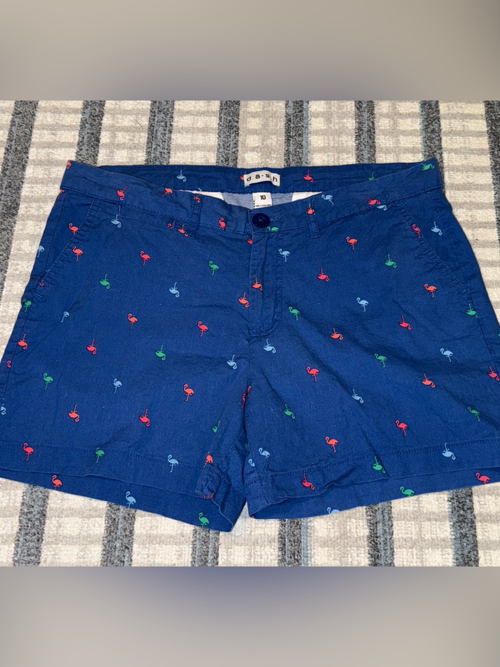 DASH Navy Blue Women's Shorts w/ Red, Green & Light Blue Flamingo Print, Size 10